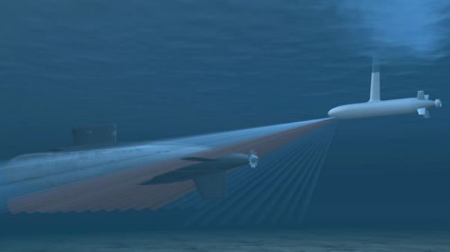An artist rendering of an underwater drone tracking a submarine